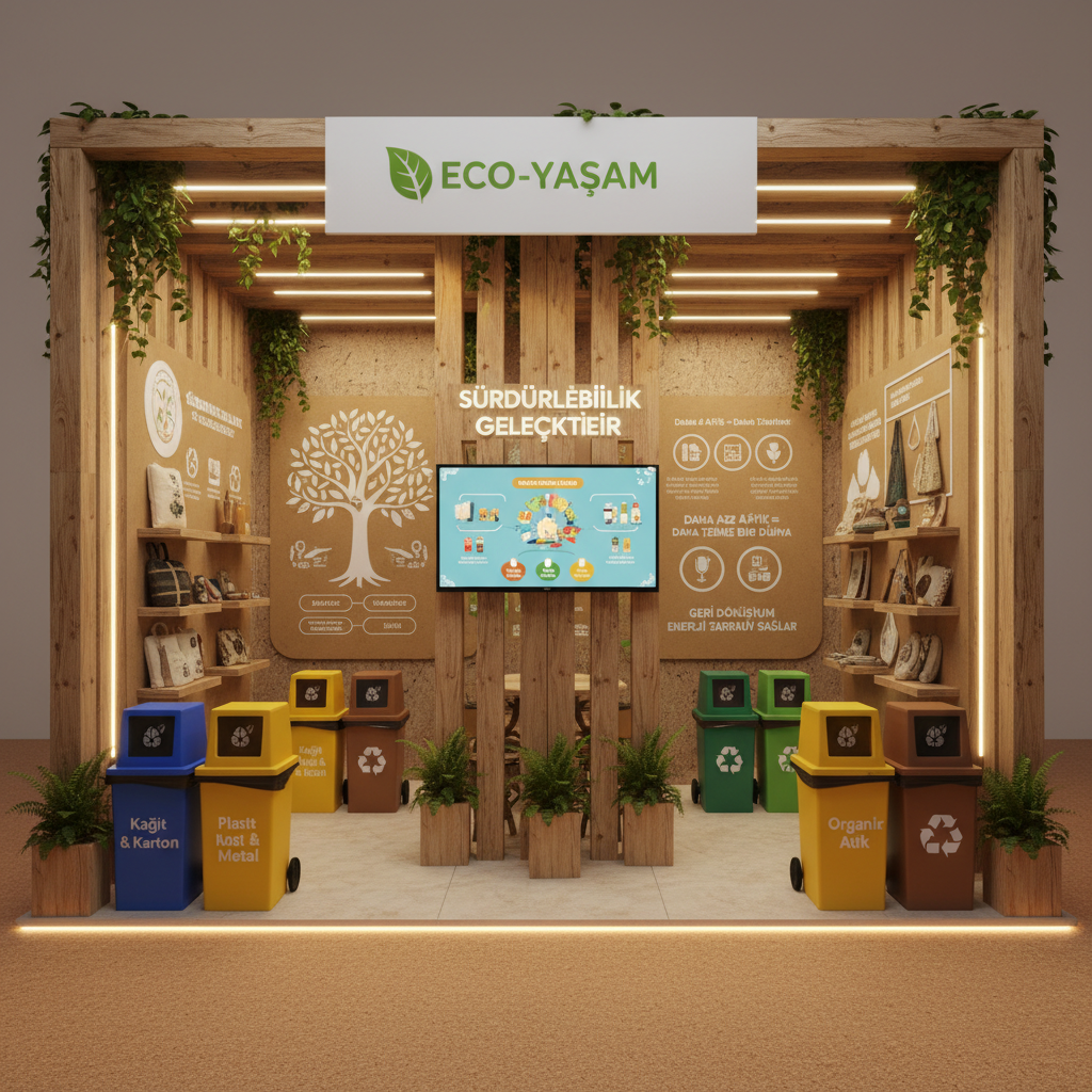 Bir fuar alanı, sürdürülebilir bir stand tasarımı örneği gösteren, yüksek kaliteli malzemelerle yapılmış biyolojik olarak parçalanabilir bir standla gösterildi.