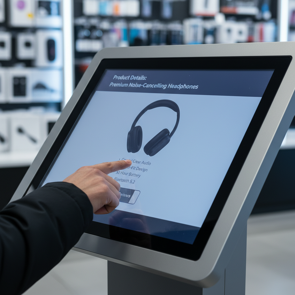 Bir ziyaretçinin dokunmatik ekranlı bir kiosku kullanarak bir ürün hakkında bilgi aldığını gösteren bir fotoğraf, kioska tamamen odaklanmış bir görüntü olmalı.