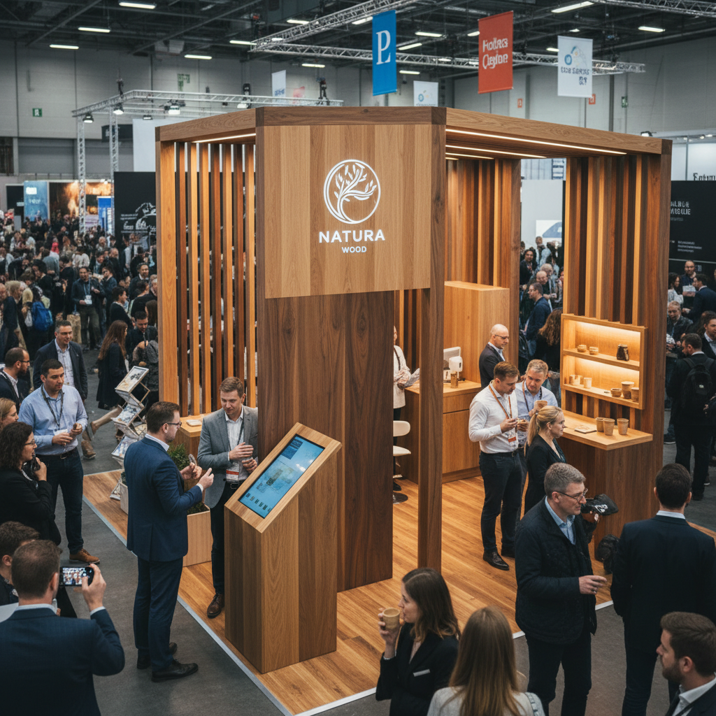 İçerisinde ziyaretçilerin etkileşimde olduğu, ahşap malzeme ile tasarlanmış, tek katlı bir fuar standı. Stand, ışıklandırılmış ve özellikle detayları göz önünde bulundurulan bir tasarıma sahip