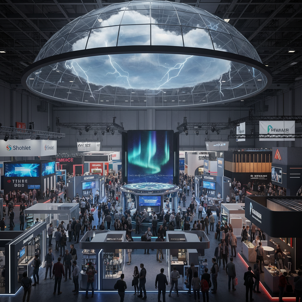 Büyük bir fuar alanında, farklı boyutlarda ve tasarımlarda bir dizi fuar standı.