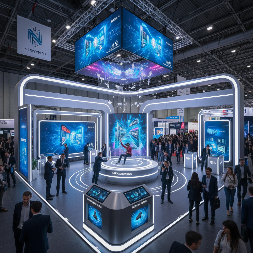 Bir fuar alanında yer alan modern, yenilikçi ve interaktif bir stand, çeşitli görsel detayları ve marka logoları ile zenginleştirilmiş, kalabalık bir ziyaretçi topluluğu ile etkileşim halinde