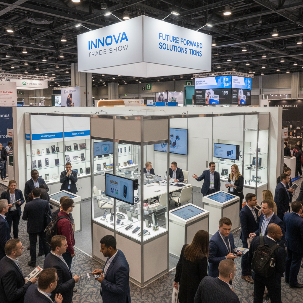  Stand kullanımını gösteren bir fuar sahnesi, stand yakınında yoğun bir ziyaretçi kalabalığı, standın düzgün bir şekilde konumlandırıldığı ve ürünleri sergileyen alanların düzenli olduğu