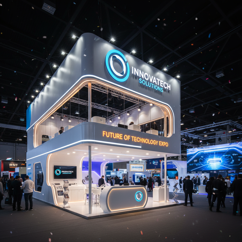 Sadece iki katlı bir standın dış cephesinin çekildiği gece fotoğrafı