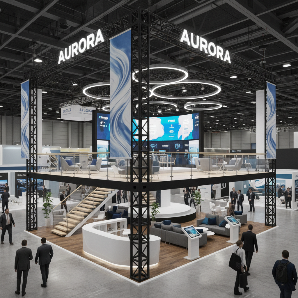 Yüksekliği ile dikkat çeken, geniş ve ferah bir görünüme sahip modern bir iki katlı stand tasarımı. Standın yüksekliği ve boyutu, markanın reklam ve tanıtım malzemeleri için ideal görünüyor.