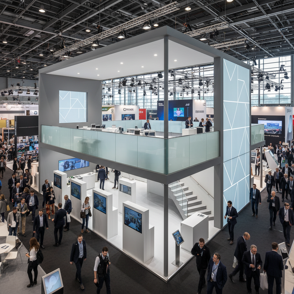 Modern bir fuar alanında yer alan iki katlı standın geniş açılı bir görüntüsü