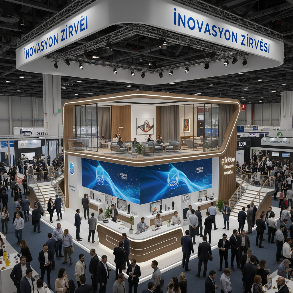 Büyük bir fuar alanında, kalabalığın arasında yükselmiş bir iki katlı stand tasarımı. Standın alt kısmı yoğun aktivite ile canlı, üst katı daha özel bir alan gibi görünüyor.