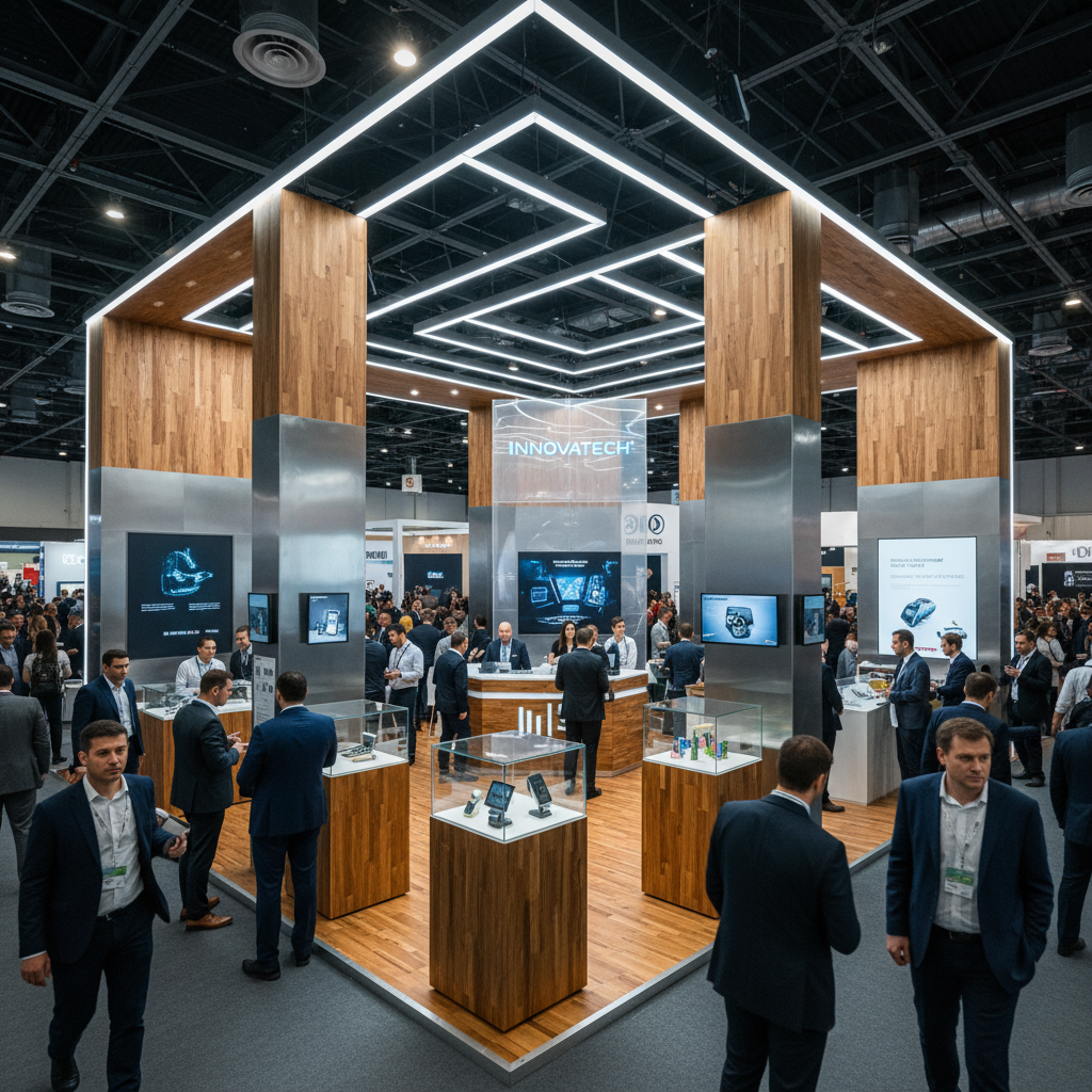 Kalabalık bir fuar salonunda, kaliteli malzemelerle inşa edilmiş özgün bir fuar standı, parlak ve modern aydınlatma sistemiyle belirginleşiyor. Stand, ziyaretçilerin kolayca erişebildiği bilgi pano ve ürün sergileme alanlarına sahip.