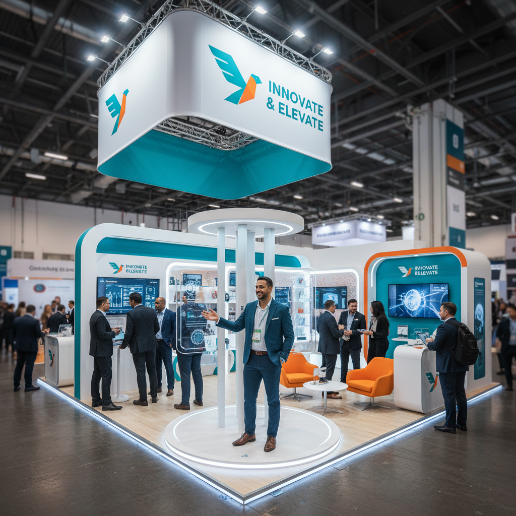 Bir fuar alanında ise yaramaz ve profesyonel tasarıma sahip bir kiralık fuar standı, yönetici ve potansiyel müşterilerle dolu bir sahne, standın marka renkleri ve logo da dikkate alınarak tasarlanmış