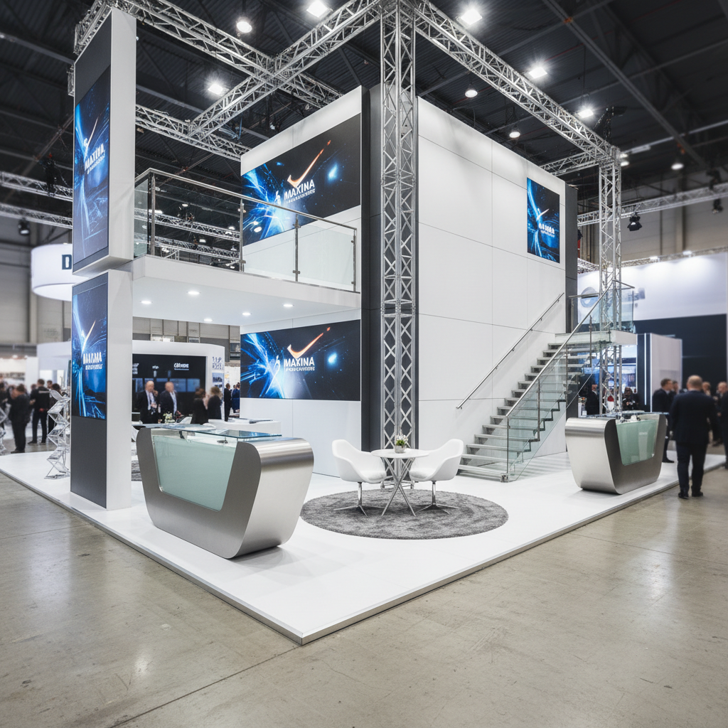 Çarpıcı bir maxima fuar standını yakından görüntüleyen, modern ve şık tasarım detaylarını vurgulayan bir fotoğraf. Standın alüminyum detayları, minimalist yapısı ve etkileyici boyutları gözler önüne seriliyor. 