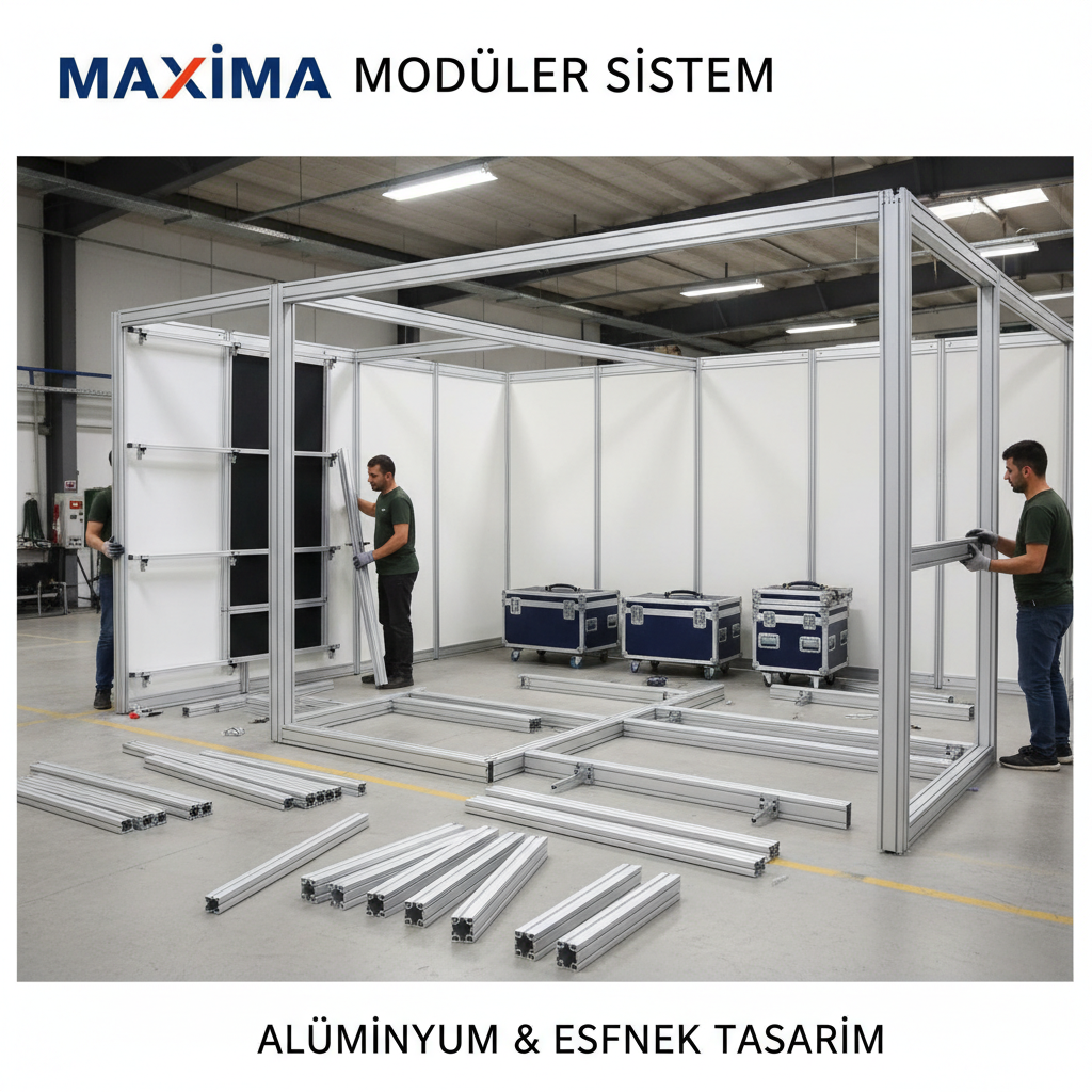 Bir maxima fuar standının pratik kurulumunu ve parçalarını detaylı bir şekilde gösteren bir fotoğraf. Standın esnek ve modüler yapısı, alüminyum malzemeden imal edildiği ve kolaylıkla taşınabilir olduğu vurgulanıyor.