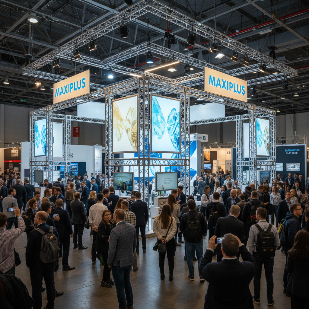 Maxiplus stand sistemini sergileyen bir fuar alanı. Stand ışıklandırması ile ön plana çıkmış bir durumda ve ayrıca etrafındaki kalabalık ziyaretçi trafiği dikkat çekiyor.