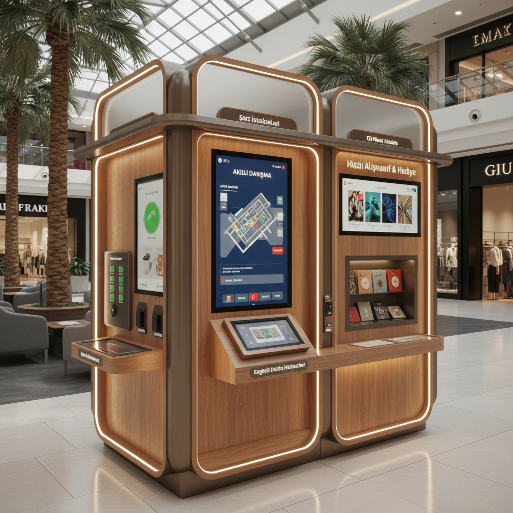 Şık ve modern bir AVM kiosk tasarımı, yoğun ve canlı halkanın arasında konumlanmış.