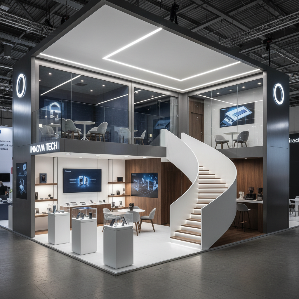 Bir fuar merkezinde yer alan, özenli bir tasarımla yapılmış modern ve şık bir iki katlı stand. Standın ilk katı ürün sergileme alanı olarak tasarlanmış, ikinci katı ise özel müşteri görüşmeleri ve iş toplantıları için ayrılmış görünüyor.