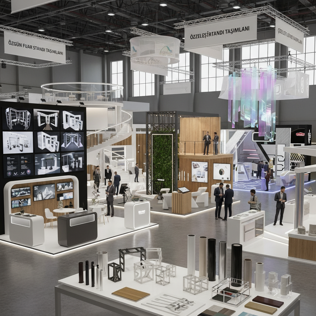 Farklı boyutlarda çizilmiş bir dizi özgün fuar standı tasarımı, özelleştirilebilir stand tasarımları ve çeşitli stand malzemeleri örnekleri.