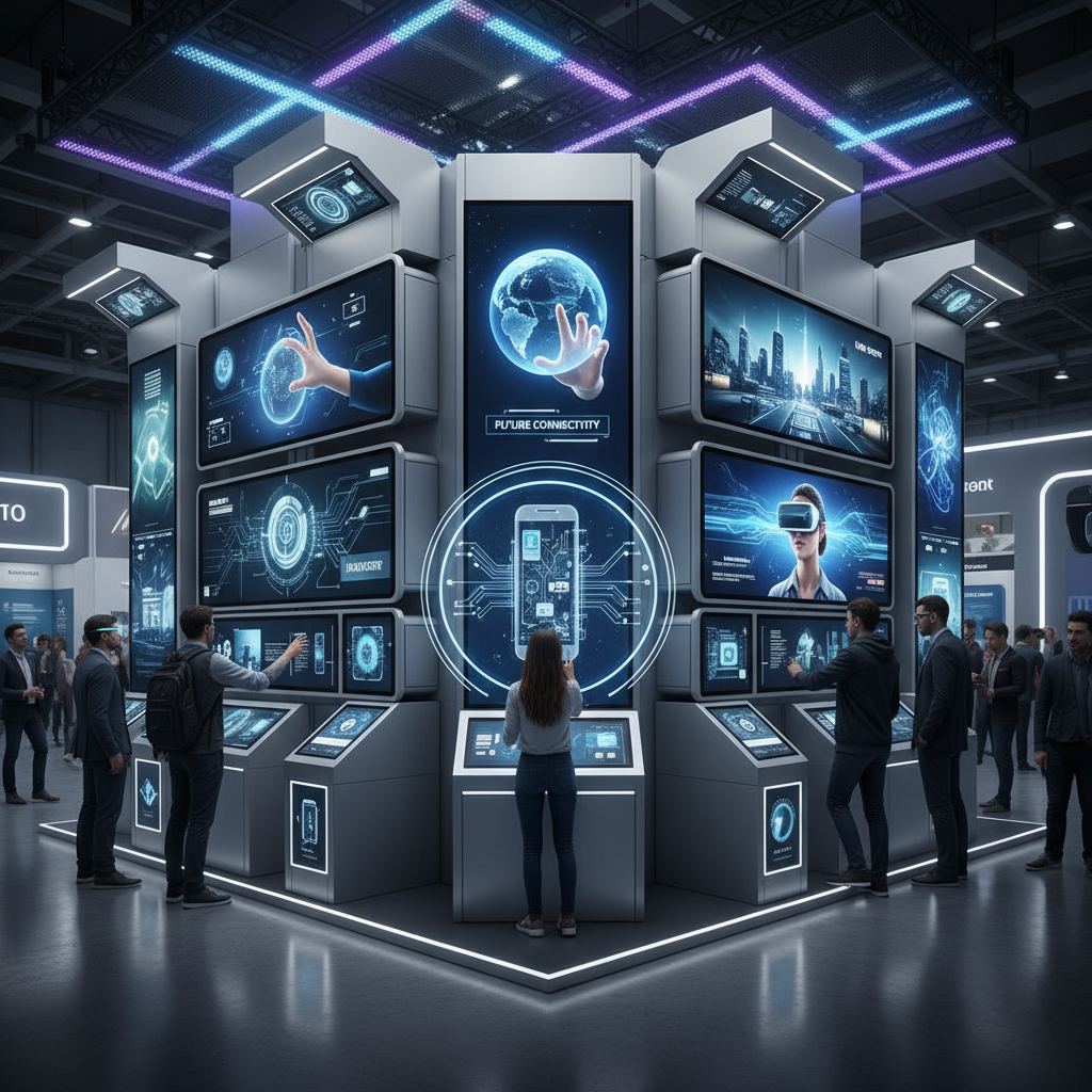 Bir fuar ortamında, çeşitli teknolojik cihazlarla donatılmış, çarpıcı ve çağdaş bir interaktif stand, her bir yüzünde farklı multimedya deneyimleri sunan ekranlarla dolu
