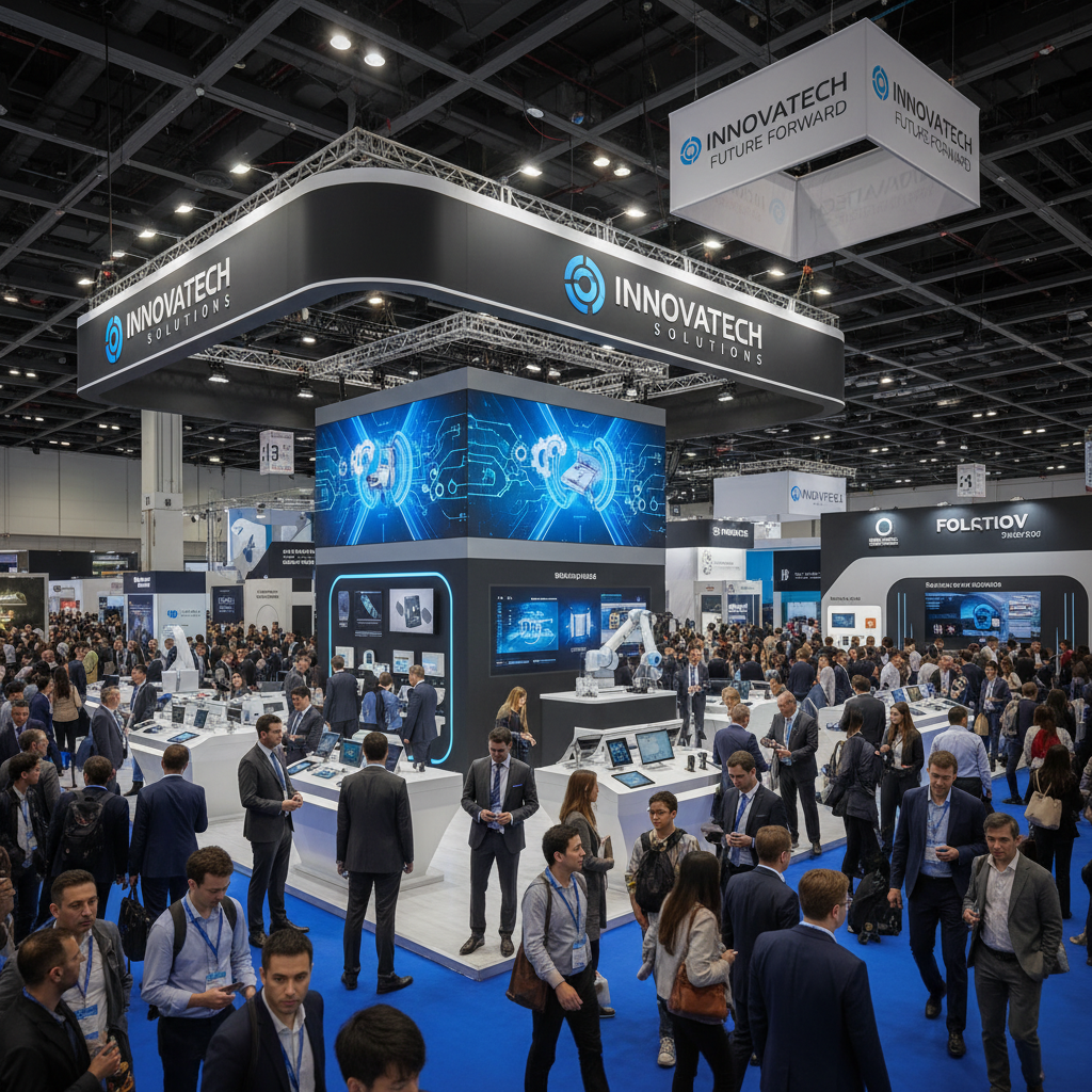 Bir şirketin modern ve şık tasarımlı bir fuar standına genel bakış, hedeflerine ve marka kimliğine uygun detayları vurgulayan ve dikkat çeken bir atmosfer oluşturuyor.