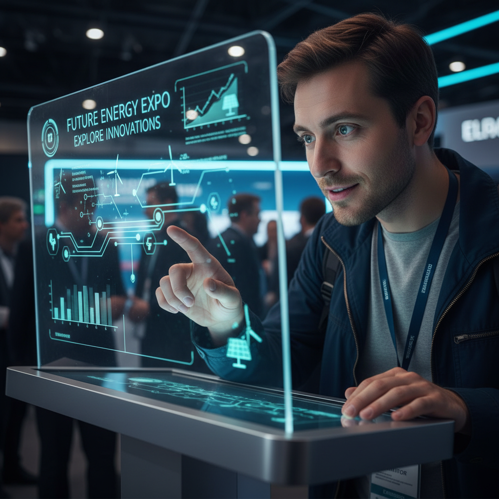 Bir fuar alanında, dokunmatik ekranıyla öne çıkan modern bir interaktif stand. Standın çevresinde çok sayıda ziyaretçi, ürün ve hizmetler hakkında bilgi alıyor ve etkileşimde bulunuyor. Stand tasarımı sade, minimalist ve bizleri geleceğe götürüyor.