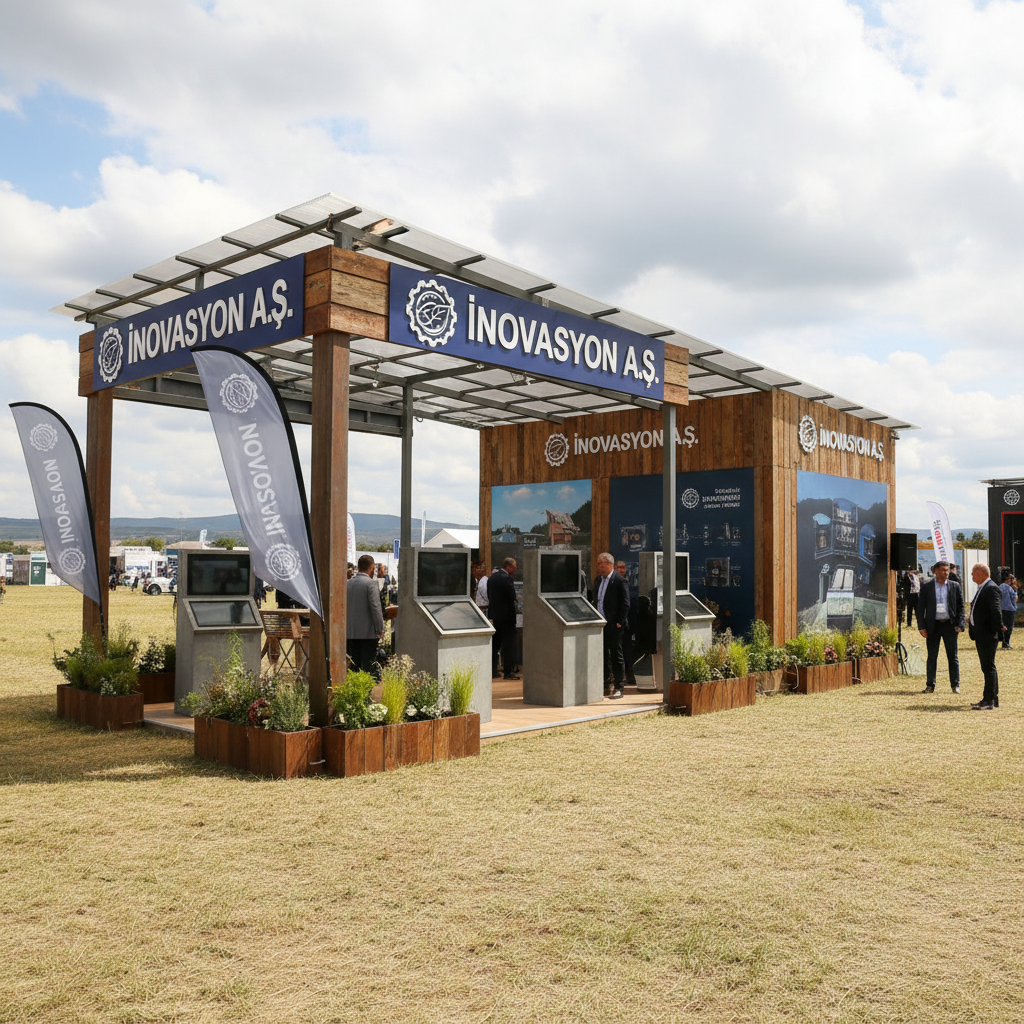 Açık bir alanda yer alan ve hava koşullarına dayanıklı tasarıma sahip bir açık alan fuar standı. Standın üzerinde firma logosu ve kimliği gözler önüne seriliyor