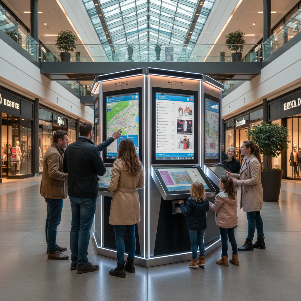 Modern bir AVM içerisinde stratejik bir noktaya yerleştirilmiş bir kiosk