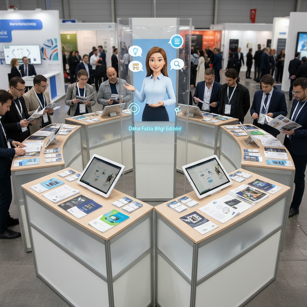 Bir dizi bilgilendirme tezgâhını içeren modüler standın net bir görüntüsü, broşürler, kataloglar ve diğer bilgi materyallerinin yayılmış olduğu bir tablo, müşteri-interaktif bir anlatım