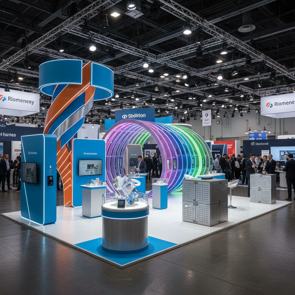 Farklı boyut ve şekillere dönüştürülebilen bir modüler standın çeşitli örneklerini gösteren bir fotoğraf, fuar görüntüsü arka planda net bir şekilde görülüken standın hareketli ve dinamikliği vurgulanmış bir görüntü