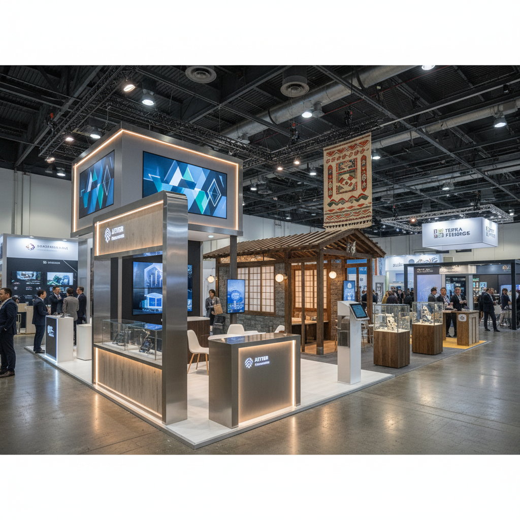 Fuar salonunda kurulu durumda olan, karmaşık mekanik parçalarla ve kâğıtlarla dolu bir standın montaj süreci. Bir grup profesyonel çalışanın montaj işlemi gerçekleştirdiği görülebilir.