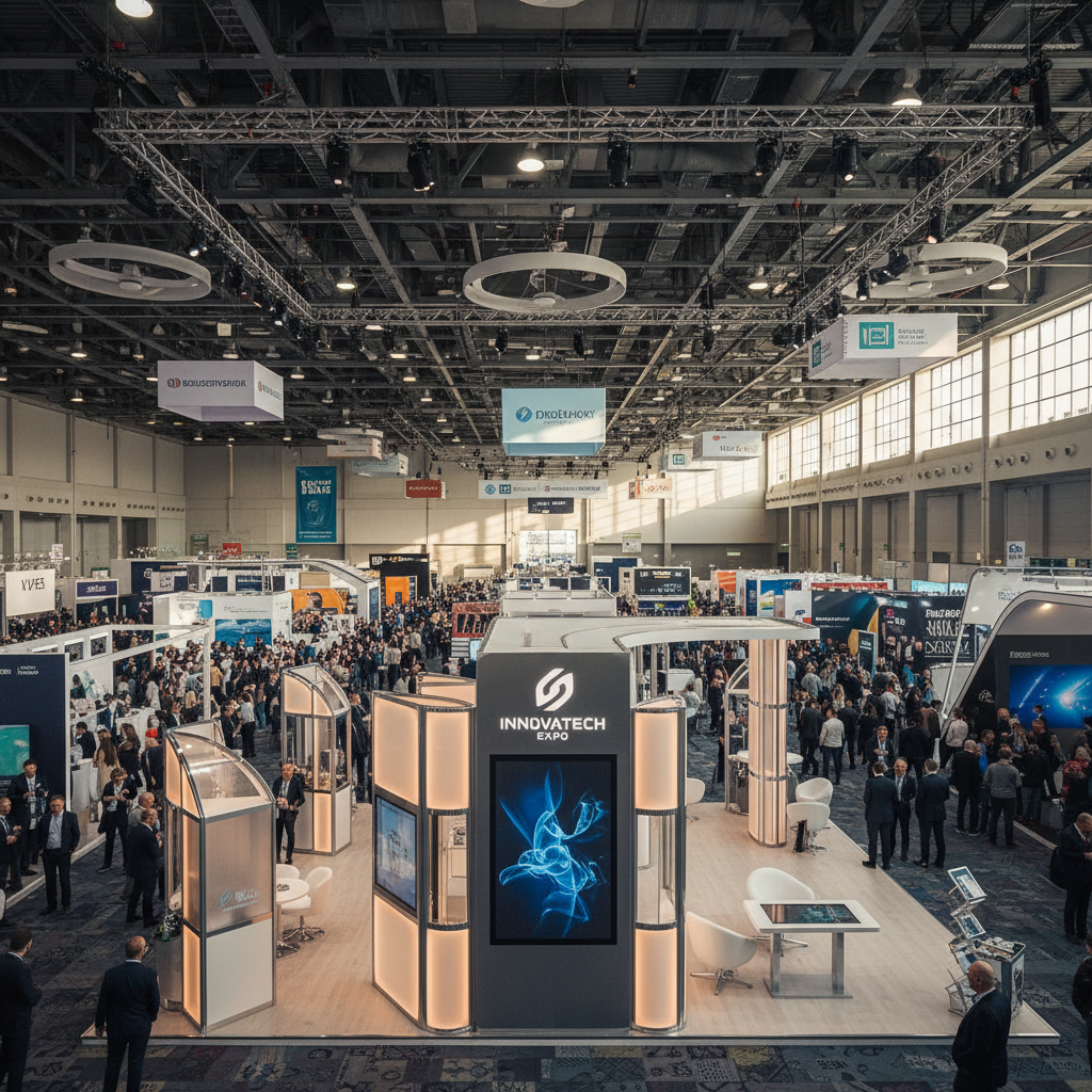 Fuar standlarının etrafındaki kalabalık, standa yakından bakan ziyaretçileri, modern ve ilgi çekici özelliklere sahip bir standı gösteren bir fotoğraf istiyoruz. Bir fuarın geniş açılı görüntüsünü oluşturun, ön planında modern ve estetik bir fuar standı bulunan, arkadaki kalabalık ziyaretçilerle dolu büyük bir fuar salonunu gösteren bir görsel oluşturunuz.