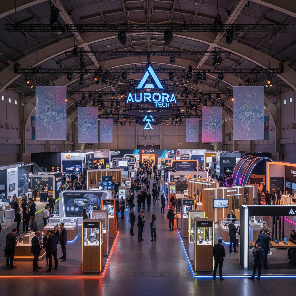 Büyük ve geniş bir fuar alanı, merkezinde markanın logosu ve ürünleri sergilemek için tasarlanmış çeşitli stantlar, aydınlatma ve renkli detaylar ile dikkat çekici ve estetik bir görünüm