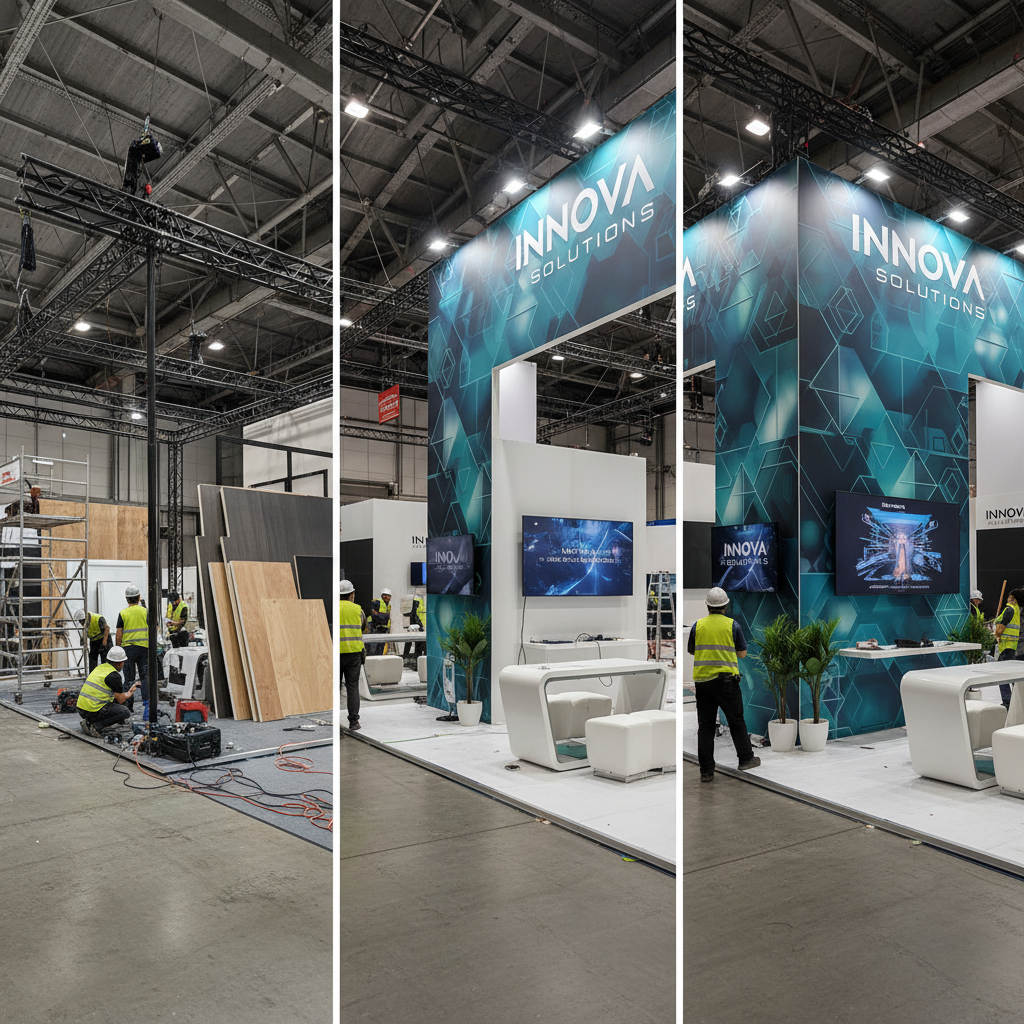bir fuar standının kurulum sürecini gösteren bir fotoğraf, standın oluşumunun farklı aşamalarını gösteren, karmaşık bir tasarıma sahip bir standın kurulumu