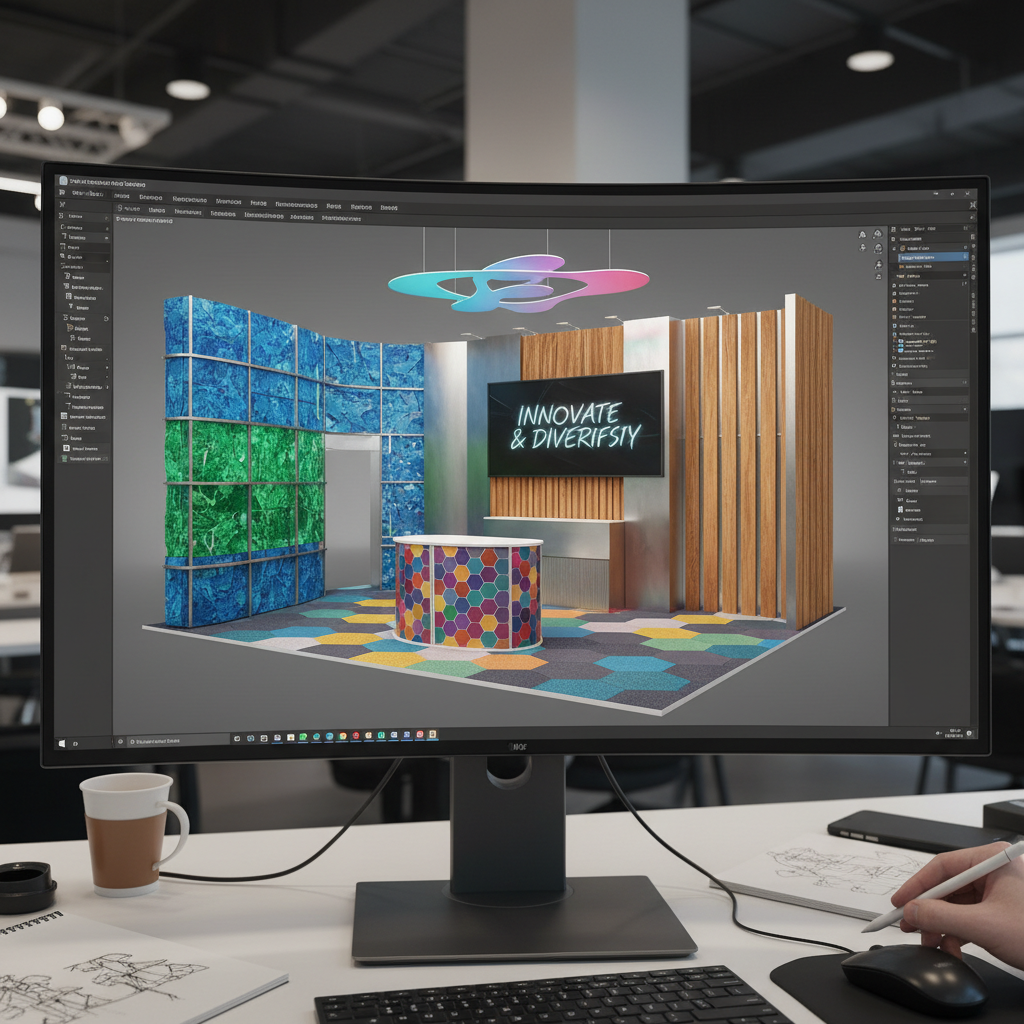 Fuar standı dekorasyonu sürecinde bir tasarımcının bilgisayar ekranında bir 3D stand modeli. Stand, çeşitli renk ve malzemelerle tasarlanmış, bu da markanın çeşitlilik ve yenilikçilik imajını destekliyor.