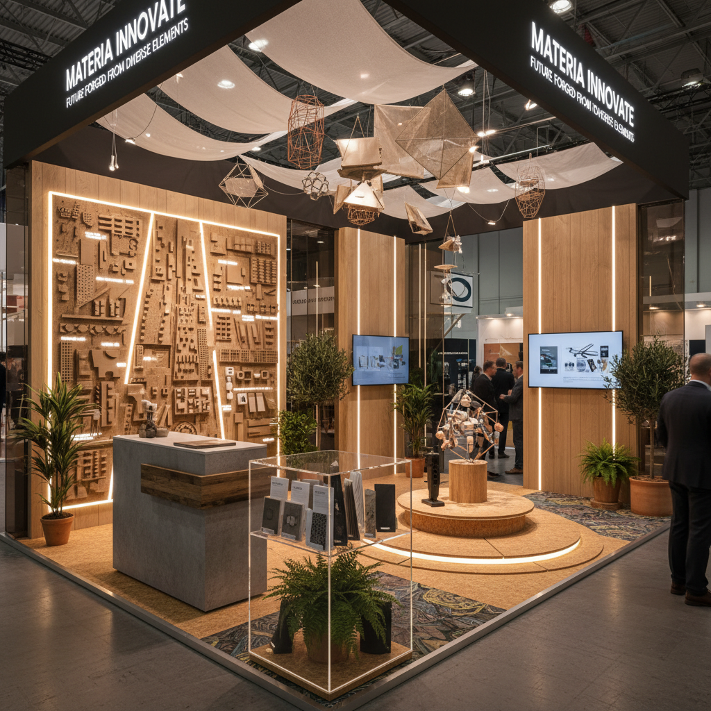 bir fuar standının tasarımını gösteren bir fotoğraf, standın öne çıkan detayları ve kullanılan malzemelerin bir görsel gösterimi