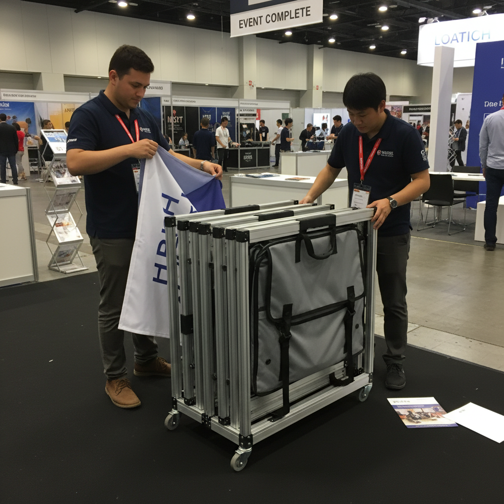Katlanabilir bir fuar standı, etkinliğin sonunda kolayca katlanmış ve taşınır hale gelmiş. Standın pratikliği ve taşınabilirliği vurgulanıyor