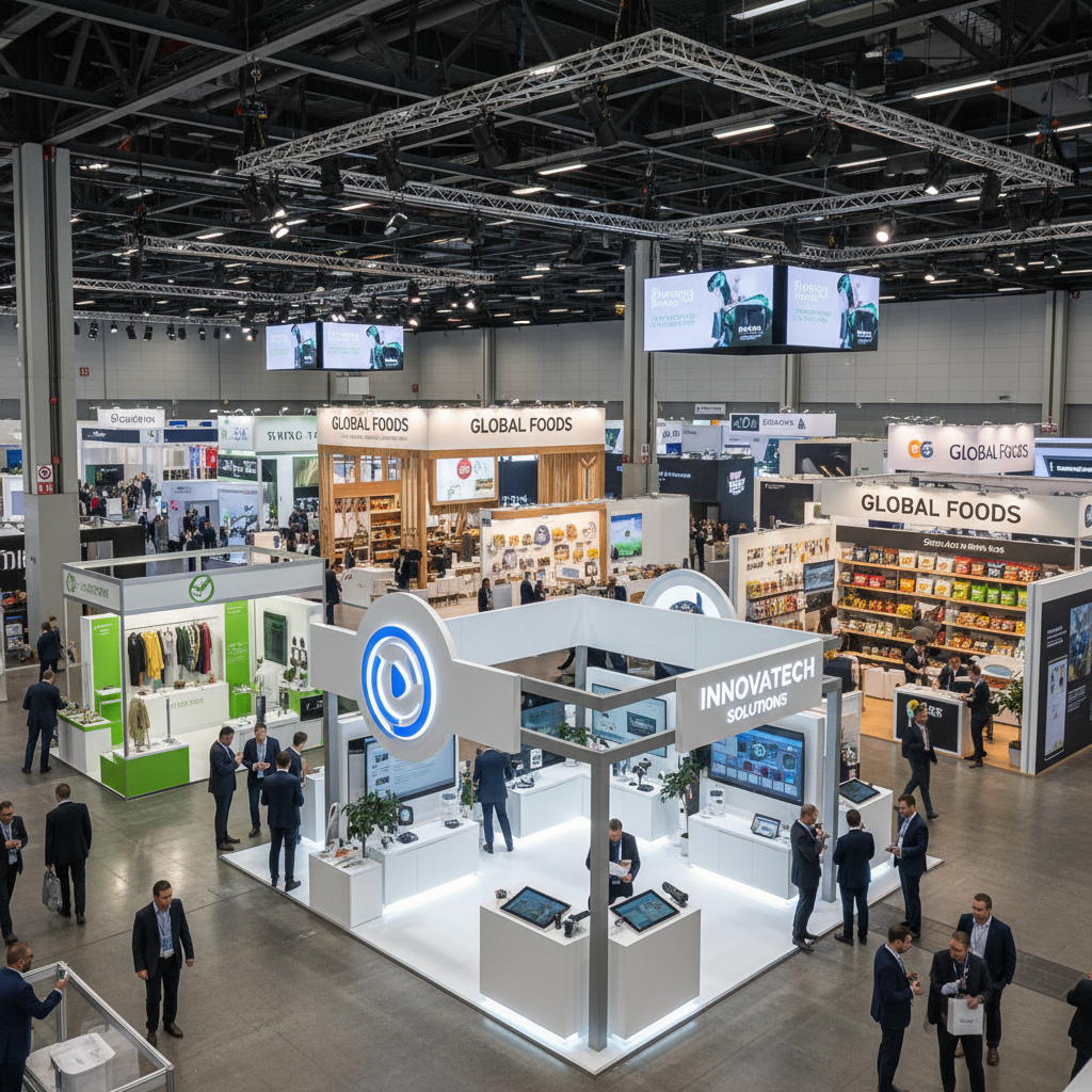 Çeşitli büyüklükte fuar standları, ürünlerin ve hizmetlerin etkili bir şekilde sergilendiği geniş ve iyi düzenlenmiş bir fuar alanı, marka logosu öne çıkan bir stand