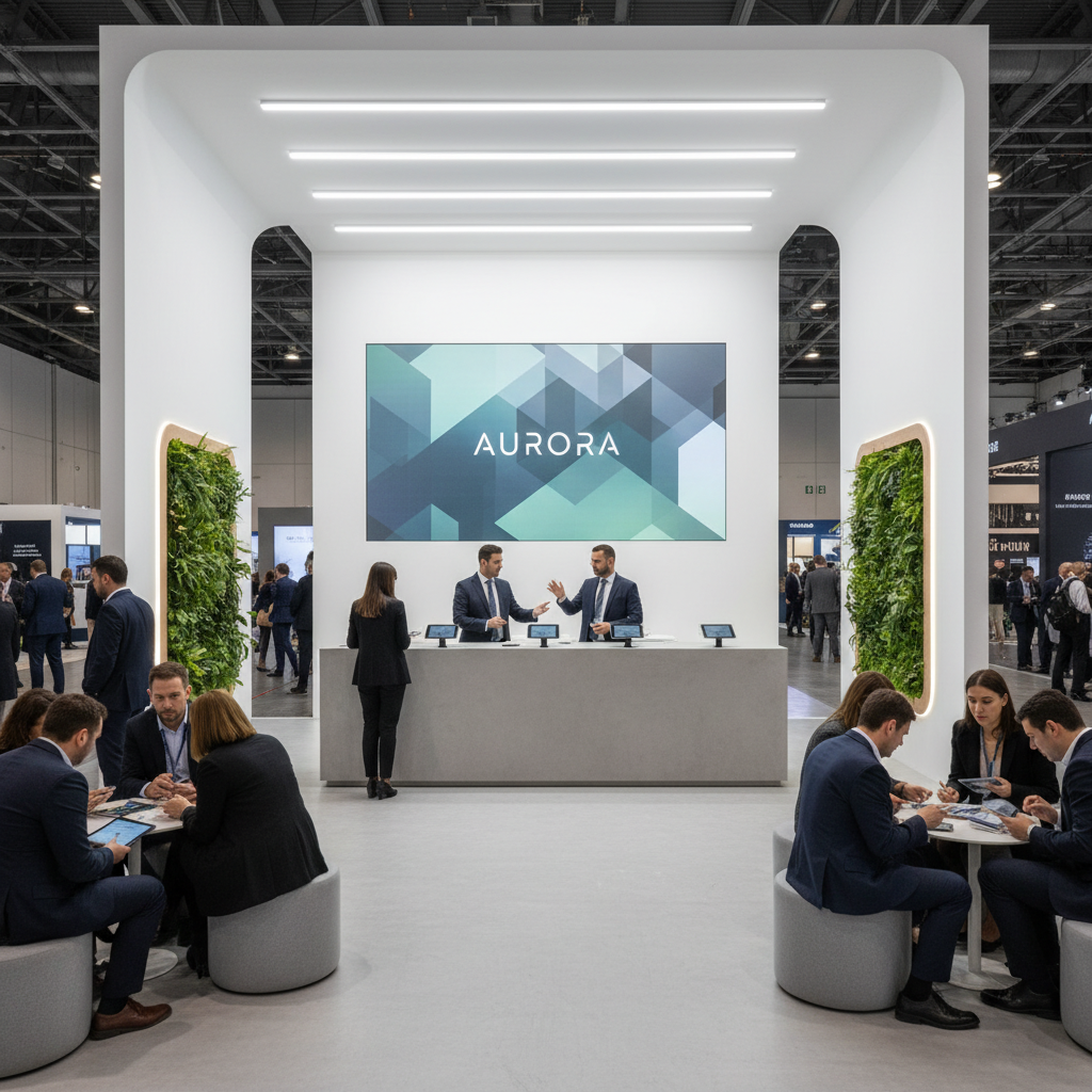 Müşteri trafiği ile yoğun bir şekilde etkileşimde olan, modern ve sofistike bir fuar standının genel görünümü. Stand, marka imajını yükseltmek için minimalist ve sade bir tasarıma sahip.