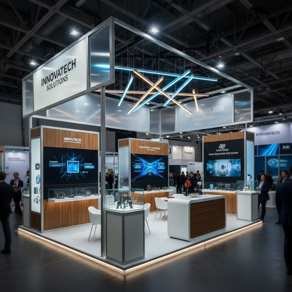 Bir fuar alanında, modern ve profesyonel görünüme sahip bir modüler fuar standı. Standın detaylarına vurgu yapılıyor, şık tasarım ve dikkat çekici aydınlatmalar ile beraber