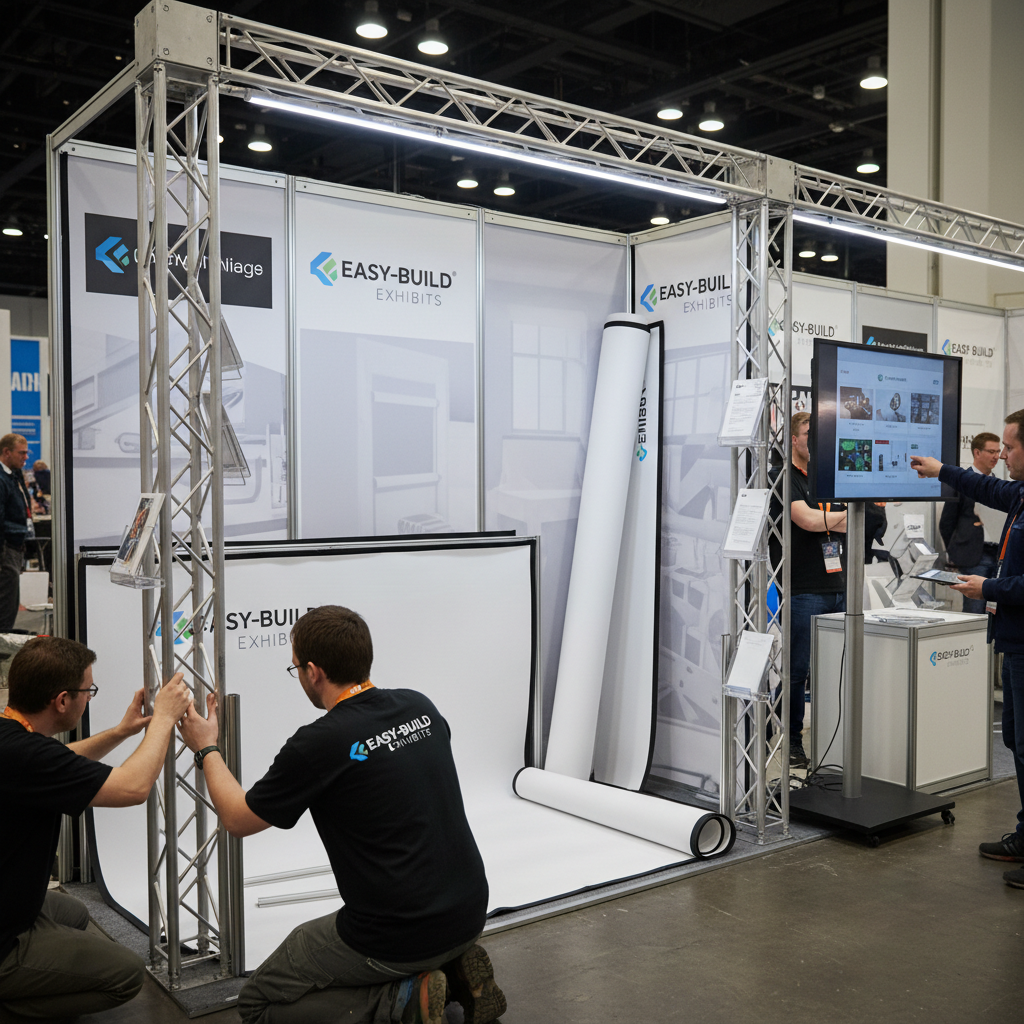 Modüler standın farklı parçalarınız bir arada gösteren bir resim, hızlı ve pratik kurulumu gösteren bir örnekle birlikte, aydınlatma sistemleri ve özelleştirilebilir ekranlar gibi aksesuarları ile belirginleştirilen bir görüntü