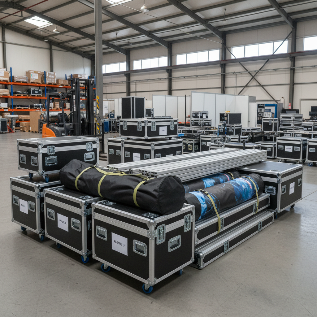 Tekrar kullanılabilir bir modüler stand, parçalarının bir etkinlikten diğerine hızlı ve kolay bir şekilde taşındığını ve monte edildiğini gösteren bir süreç