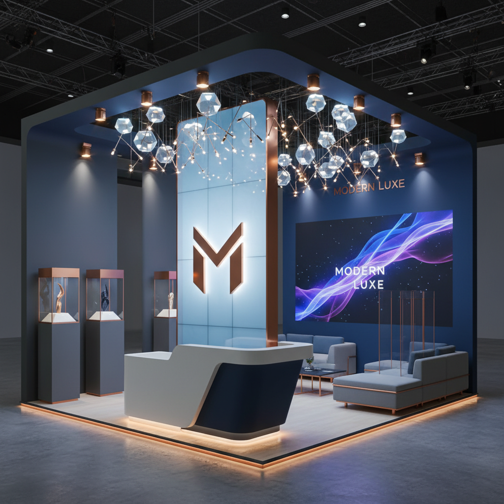 Modern ve özgün bir premium fuar standı, dikkat çeken bir renk paleti ve şık aydınlatması ile prestijli bir markayı temsil ediyor