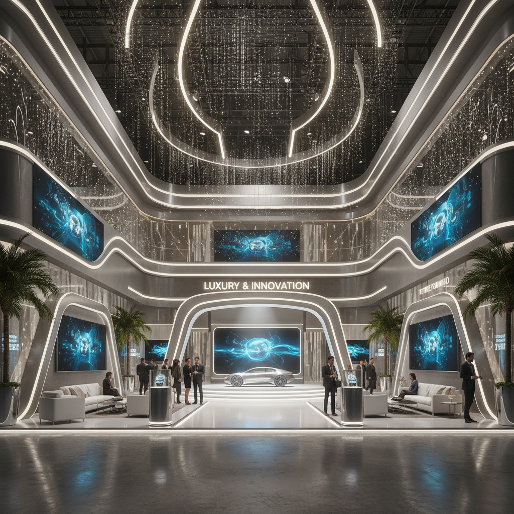 Büyük bir fuar alanında, lüks ve modern bir premium stand tasarımı, ışıltılı ışıklarla vurgulanmış ve şık bir atmosfer ile ziyaretçilerini karşılayan stand