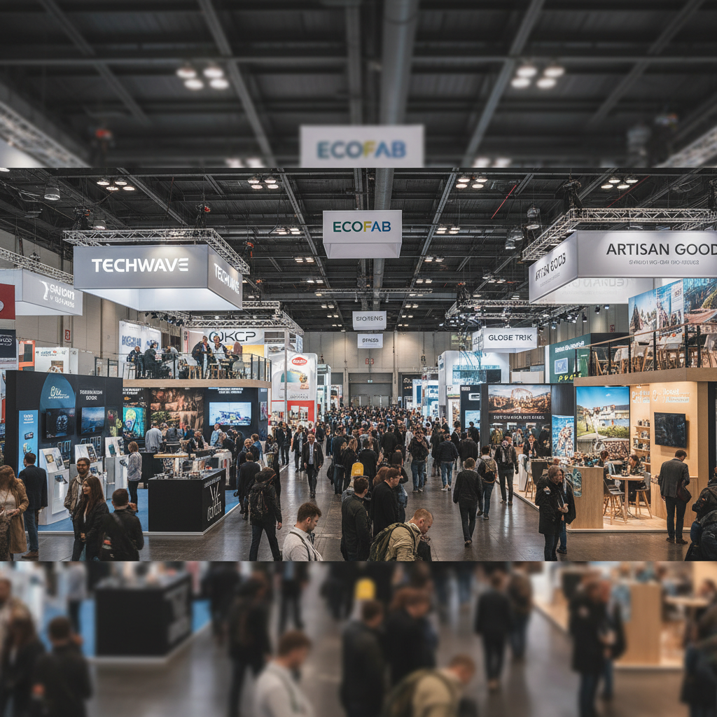 Çeşitli boyutlarda ve stillerde sergi standları, hareketli bir fuar ortamına kurulu, farklı renkler ve ışıklandırmalarla ziyaretçileri çeken, birkaç markanın logo ve ürünlerini sergileyen bir panorama