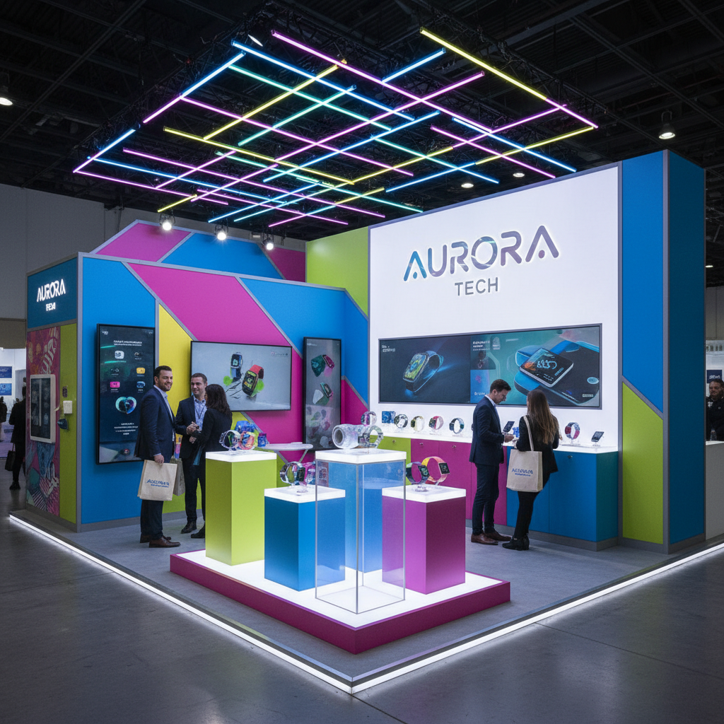 Fuar standı farklı renkler, aydınlatma ve malzemeler kullanılarak dekore edilmiş, markanın logosu ve ürünleri prominent bir şekilde gösteriliyor, canlı ve enerji dolu bir görüntü