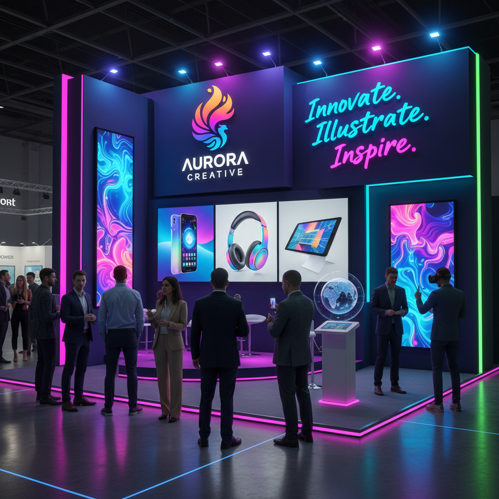 Bir sergi standında gösterilen çarpıcı ve renkli grafik tasarımlar, marka logosu, slogan ve ürün imajları ile birlikte, ziyaretçilerin dikkatini çeken bir stand