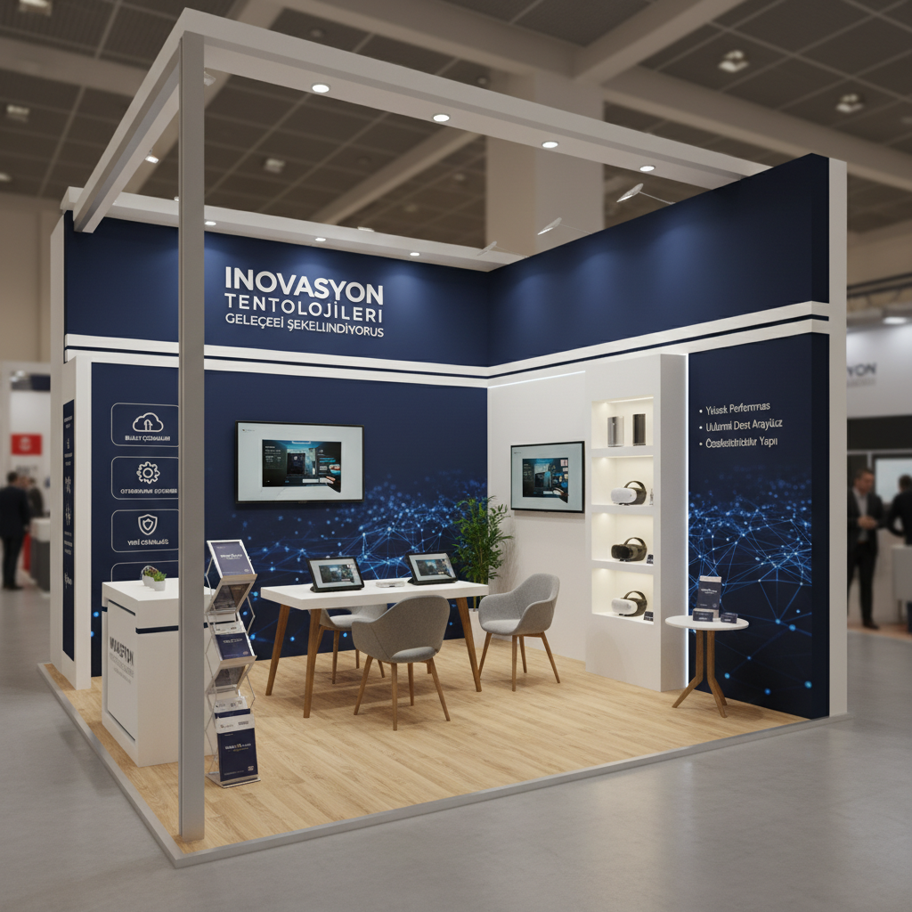Farklı stand tasarımlarının bulunduğu bir fuara genel bir bakış, ziyaretçilerin etkileşimde bulunduğu görsel, özellikle teknoloji içeren standlar ön plana çıkan bir açı