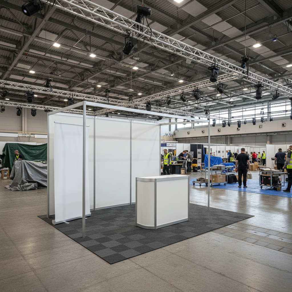 Sükunet ve profesyonellik saçan bir fuar alanı, üzerinde herhangi bir logo olmadan net ve sade bir modüler fuar standı görüntüsü. Standın çevresindeki insanlarla etkileşim halinde, dinamik bir atmosfer yaratan bir kalabalık.