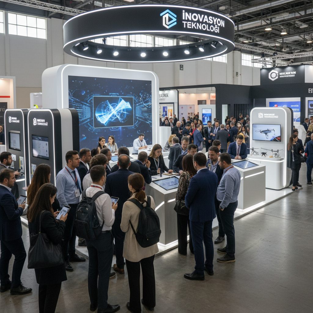 Bir sektörel fuar standı bukich ve modern tasarımı, canlı renkler ve interaktif ekranlar ile donatılmış, yoğun bir fuar ziyaretçi trafiğine ev sahipliği yapan bir görüntü oluşturmanızı istiyoruz.
