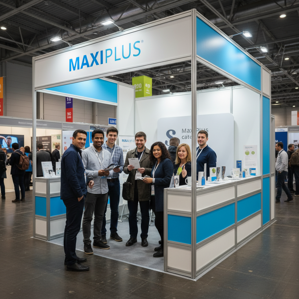 Bir grup kişi, Maxiplus Stand Sistemi'nin etrafında ürünleri inceleyerek markanın etkinliklerdeki çekiciliğini resmediyor. Standın esnek ve hafif yapısı, etkinliğin dinamikliğini ve hareketliliğini vurguluyor.