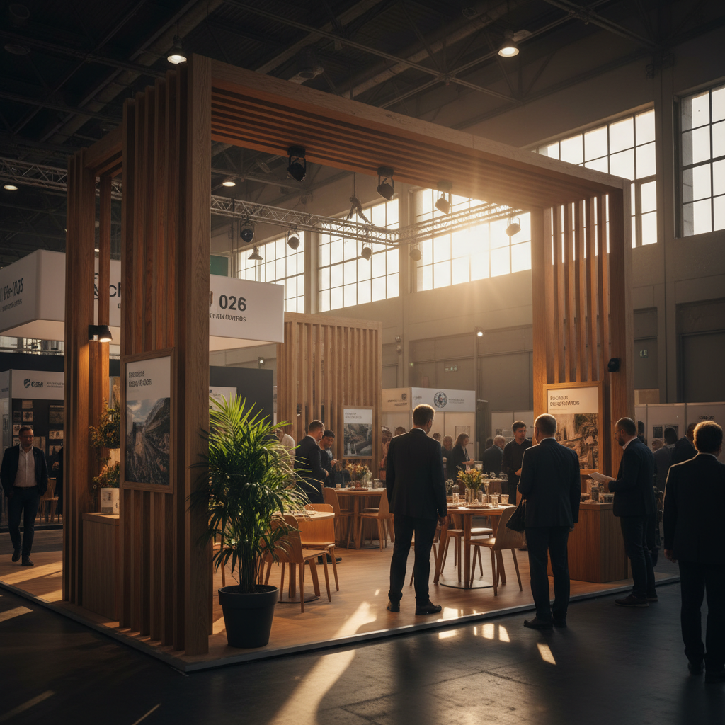 Geniş bir fuar alanında, modern mimari çizgilerle tasarlanmış, doğal ahşap malzemeden inşa edilmiş zarif bir fuar standı. Standın içindeki ürünler estetik bir düzenlemeyle sergileniyor. Ziyaretçiler standın sıcak ve davetkar atmosferinde dolaşıyor, doğal ahşap dokularına hayran kalıyor. Arka planda, büyük pencerelerden içeri süzülen altın rengi gün batımı ışıkları, standın her köşesini nazikçe aydınlatıyor, uzun gölgeler oluşturuyor ve mekana sinematik, huzurlu bir hava katıyor. Detaylı ahşap işçiliği ve ışık oyunları ön planda, fotoğrafın genel tonu sıcak ve profesyonel.