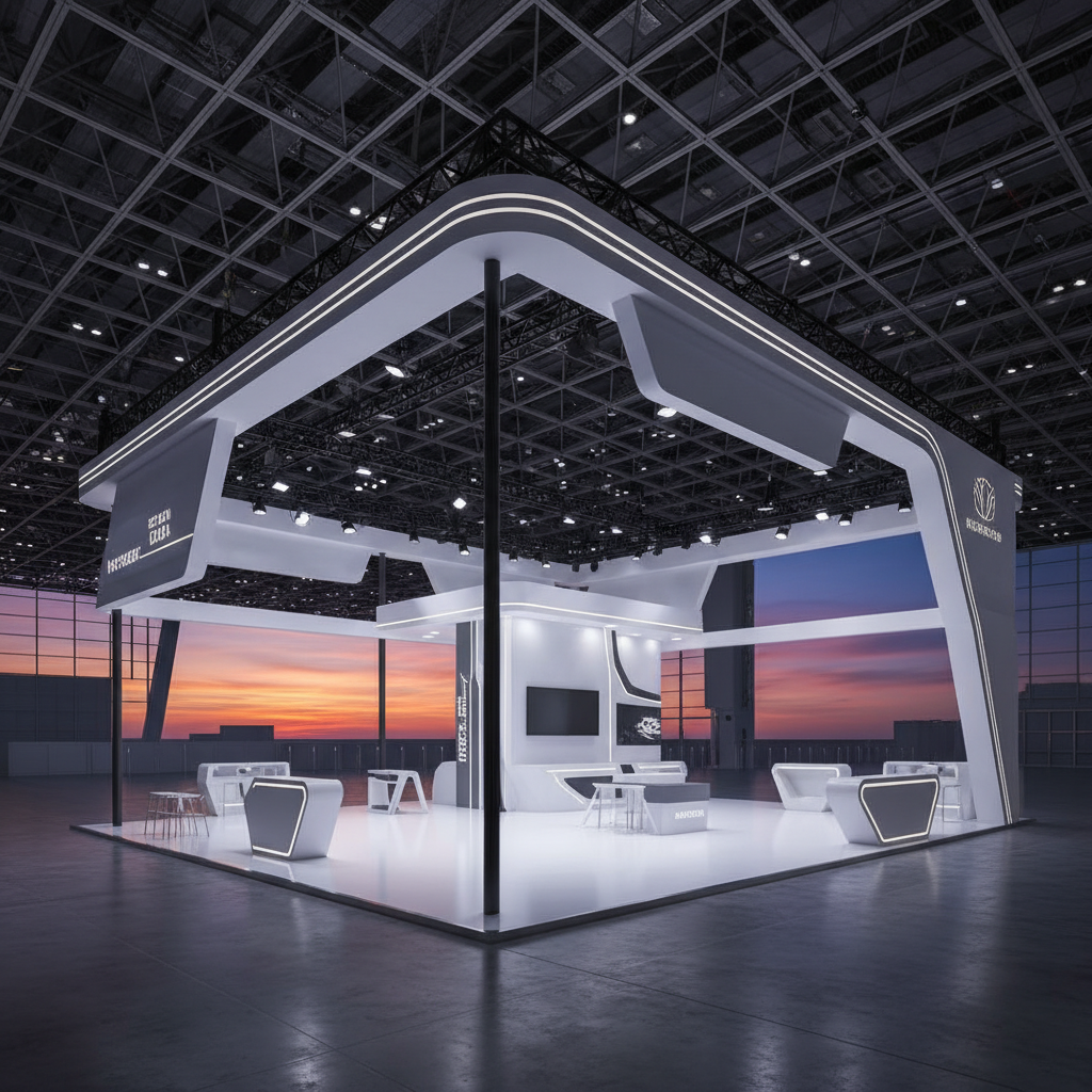Görkemli ve geniş bir fuar salonunun ortasında, gün batımının büyüleyici ışıklarıyla aydınlatılmış, son derece modern ve etkileyici bir özel tasarım fuar standının sinematik bir görüntüsü. Stand, yüksek tavanlı bir alanda mimari bir başyapıt gibi yükseliyor; temiz çizgileri, dinamik formları ve yenilikçi malzeme kullanımı (parlak yüzeyler, hafif kavisler) ile dikkat çekiyor. Işıklandırma, standın farklı bölümlerini vurgulayarak derinlik ve hacim katıyor, ancak herhangi bir logo veya yazı içermiyor. Arka planda fuar salonunun genişliği ve modern yapısı hissediliyor, boş alanların ferahlığı ve düzeni hakim. Ufukta batan güneşin turuncu, mor ve pembe tonları, standın cam yüzeylerinde yansıyarak görsel bir şölen sunuyor. Bu görüntü, başarılı bir fuar katılımının getirdiği prestij ve etkileyiciliği resmi ve sanatsal bir dille ifade ediyor.