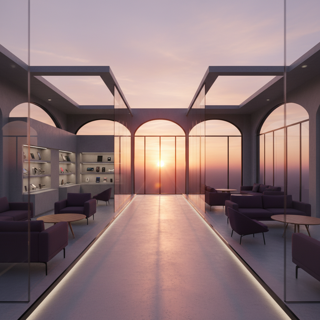 Muhteşem bir gün batımı sırasında, hafif yüksek bir perspektiften yakalanmış, zarif ve işlevsel bir fuar standı tasarımı. Stand, farklı bölgelere ayrılmış: ince vurgu aydınlatmalarına sahip şık bir ürün sergi alanı, modern minimalist mobilyalarla döşenmiş rahat bir dinlenme/toplantı alanı ve ziyaretçi akışı için net bir yol. Batan güneş, uzun, yumuşak gölgeler düşürerek ve iç mekanı sıcak amber ve eflatun tonlarıyla boyayarak sakin ama ilham verici bir ortam yaratıyor. Beton, cam ve zengin kumaşlar gibi malzemeler alanları tanımlamak için kullanılmış. Hiçbir insan figürü yok, böylece odak tamamen standın mimari güzelliğine ve işlevsel düzenine, sanki bir akşam etkinliği veya yeni bir gün için mükemmel şekilde hazırlanmış gibi. Mükemmel simetri ve dengeye sahip sinematik bir kompozisyon.