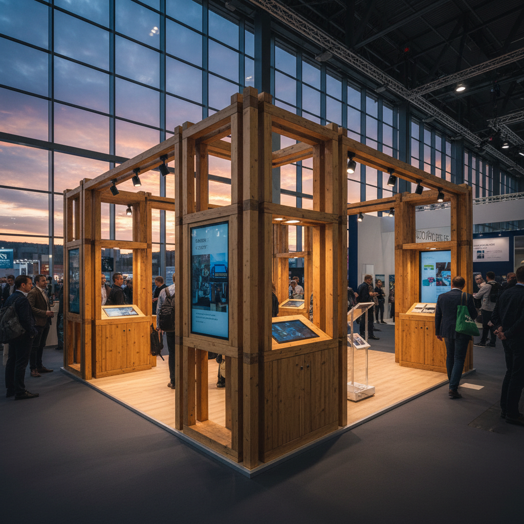 Dinamik ve yenilikçi bir fuar ortamında, sağlam ve modüler ahşap elemanlarla inşa edilmiş, yüksek fonksiyonelliğe sahip bir fuar standı. Stand, entegre interaktif ekranlar, depolama alanları ve ürün sergileme nişleriyle donatılmış. Modern aydınlatma armatürleri, ahşabın doğal dokusunu vurgulayarak sergilenen ürünleri öne çıkarıyor. Fuar salonunun büyük pencerelerinden veya dışarıdan süzülen dramatik gün batımı renkleri, lacivert ve mor tonlarla harmanlanmış turuncular, standa etkileyici ve sinematik bir derinlik katıyor. Ziyaretçiler, teknoloji ile doğal malzemenin uyumunu keşfediyor, geniş açılı bir çekim standın çevreyle olan uyumunu ve modernliğini gösteriyor.